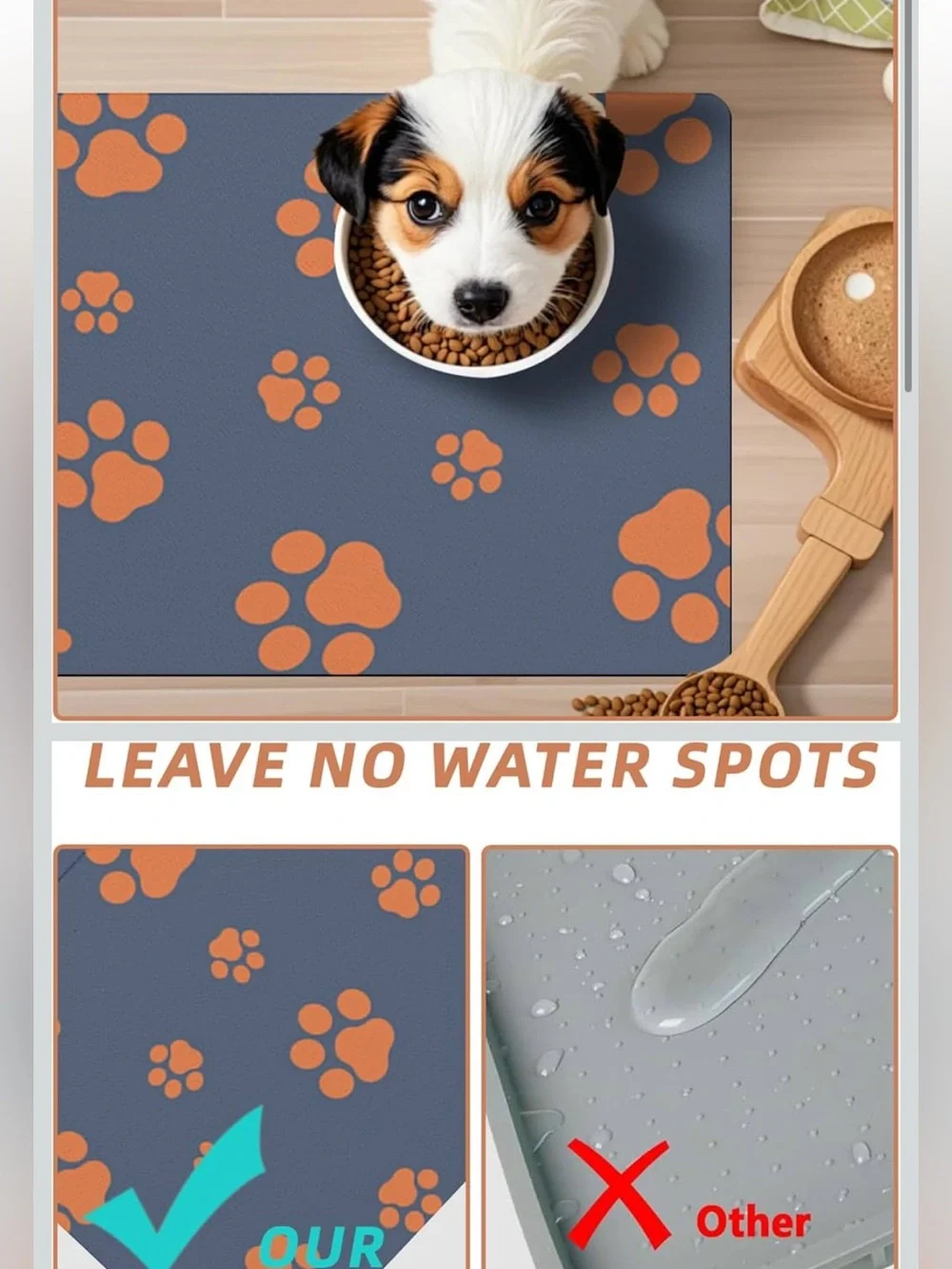 Non-Slip Dog CatFeeding Mat - Gray Orange Paw Prints NWT